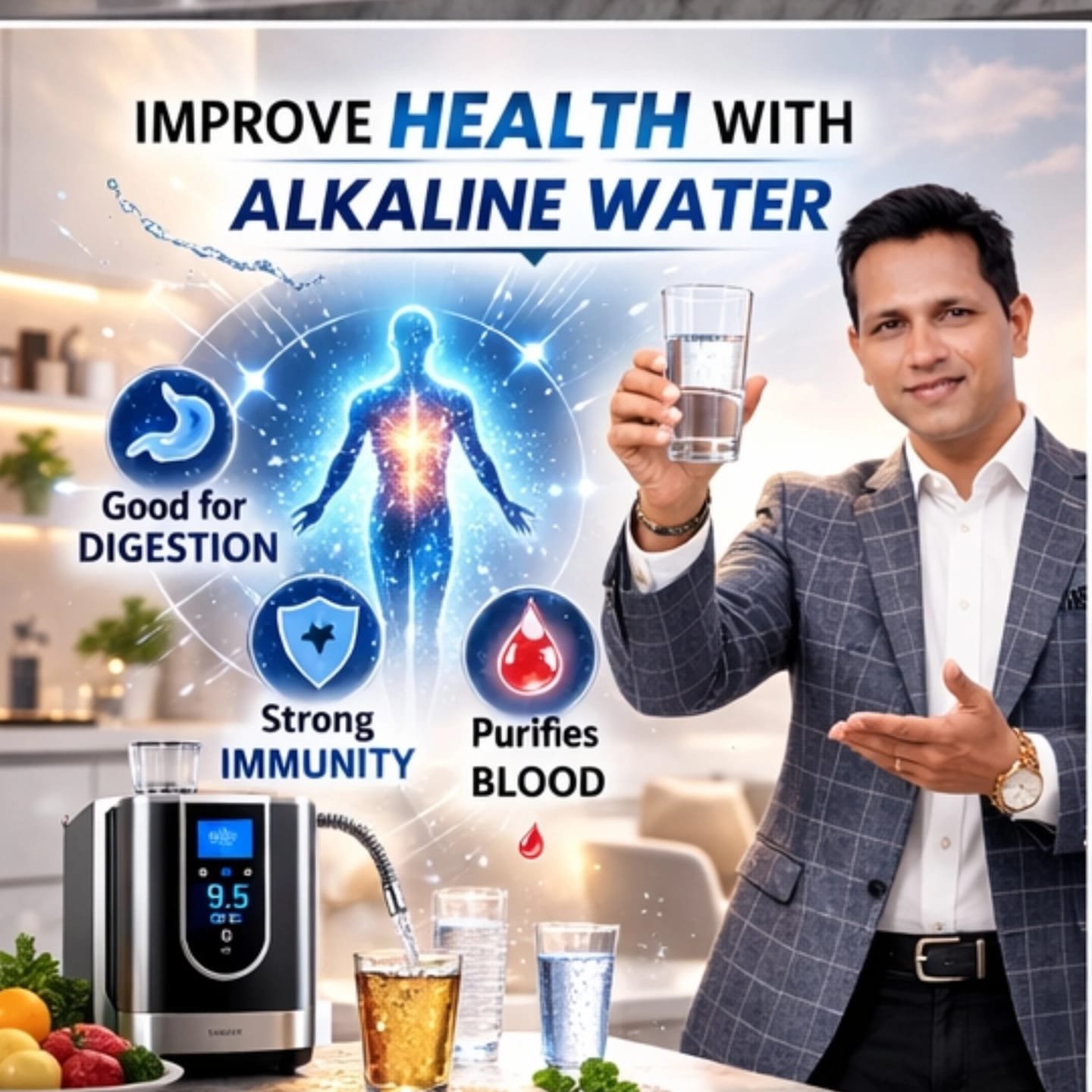 Sushil Suryavanshi with a glass of alkaline water — improving digestion, immunity and overall family health.