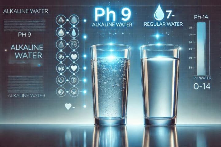 Alkaline pH 9 water vs regular pH 7 water — visual comparison of two glasses.