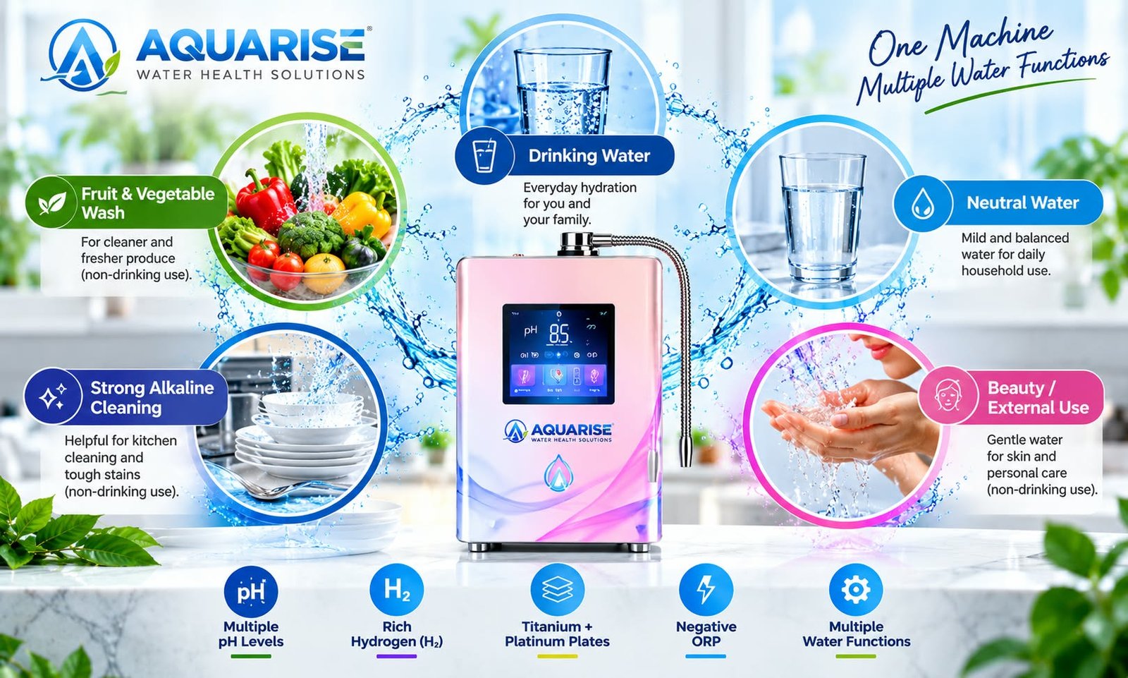 Aquarise water ionizer showing its five water functions: Drinking Water, Neutral Water, Beauty/External Use, Strong Alkaline Cleaning, and Fruit & Vegetable Wash, each for non-drinking uses as specified.
