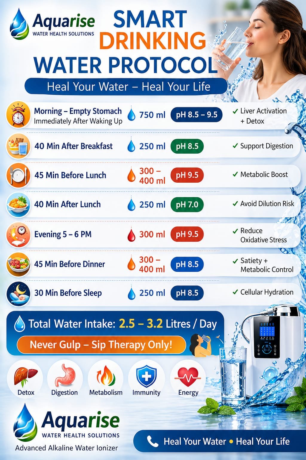 Smart drinking water protocol — daily schedule with pH levels for detox, digestion, metabolism, immunity.